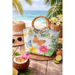 Vintage Bamboo Handle Butterfly Floral Handbag Rhinestone Beaded Y2K Summer Purs